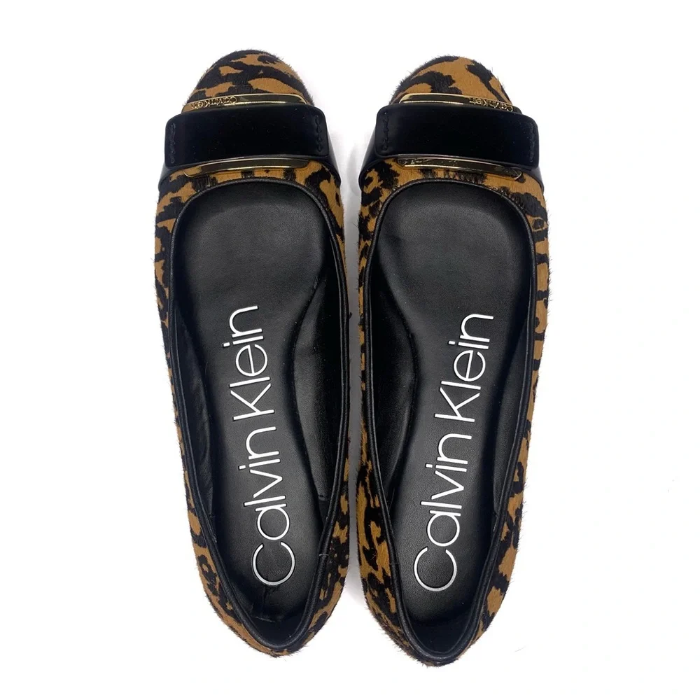 Calvin Klein Oneta Leopard Print Calf Hair Leather Embellished Ballet Flats - 7 - Picture 4 of 7